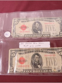 (2) 1928 A Red Seal $5 US Note