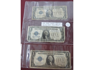 (3) 1928, 1928 A, 1928 B Silver Cert. "Funny Back"