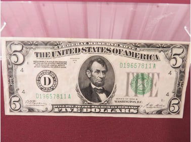 1928-B $5 Fed. Reserve Redeemable in Gold, Fine
