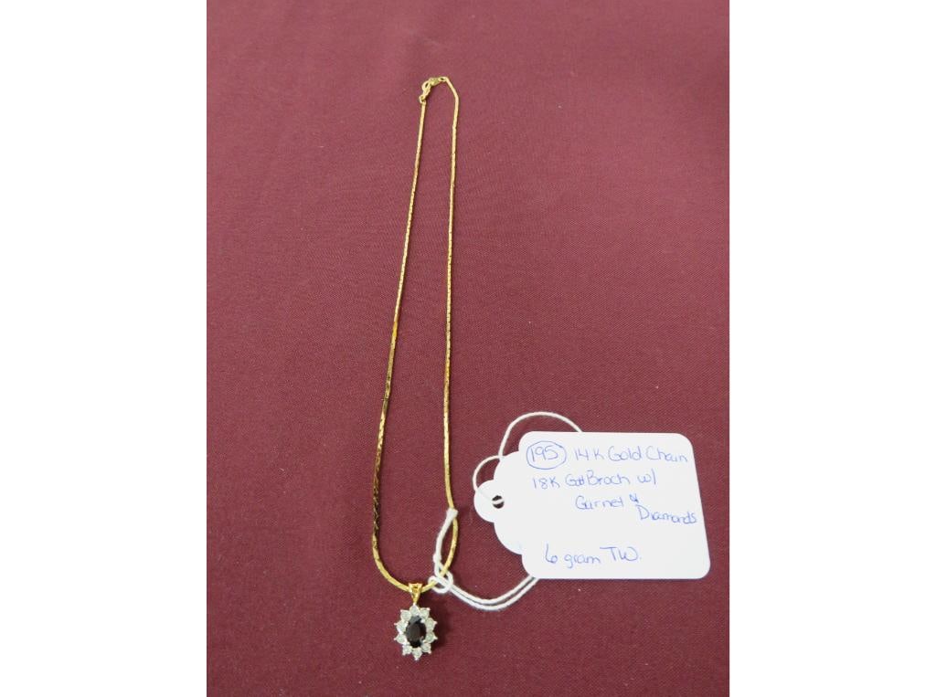 14K Gold Chain / 18K Brooch - Garnet & Diamonds: 16 gram T.W.