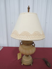 Vintage 2 Light Satin Glass Lamp W/Gold Trim