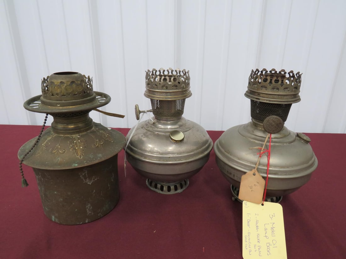3-Metal Oil Lamp Bases: 2-Aladdin Nickel Plated No.6, 1-Brass + Elec.