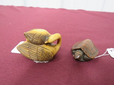 Pair Netsuke Two Swans & Wood Turtle