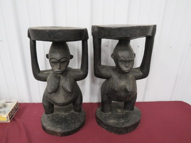 Pair Prestige Stools Carved