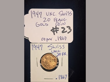 1947 Swiss 20 Franc Gold