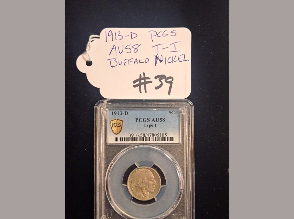 1913-D Buffalo Nickel PCGS AU58: 1913-D Type I Buffalo nickel graded PCGS AU58.
