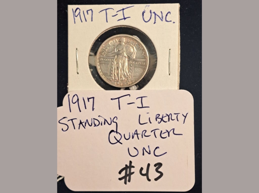 1917 Type I Standing Liberty UNC: 1917 Type I Standing Liberty quarter in uncirculated condition.