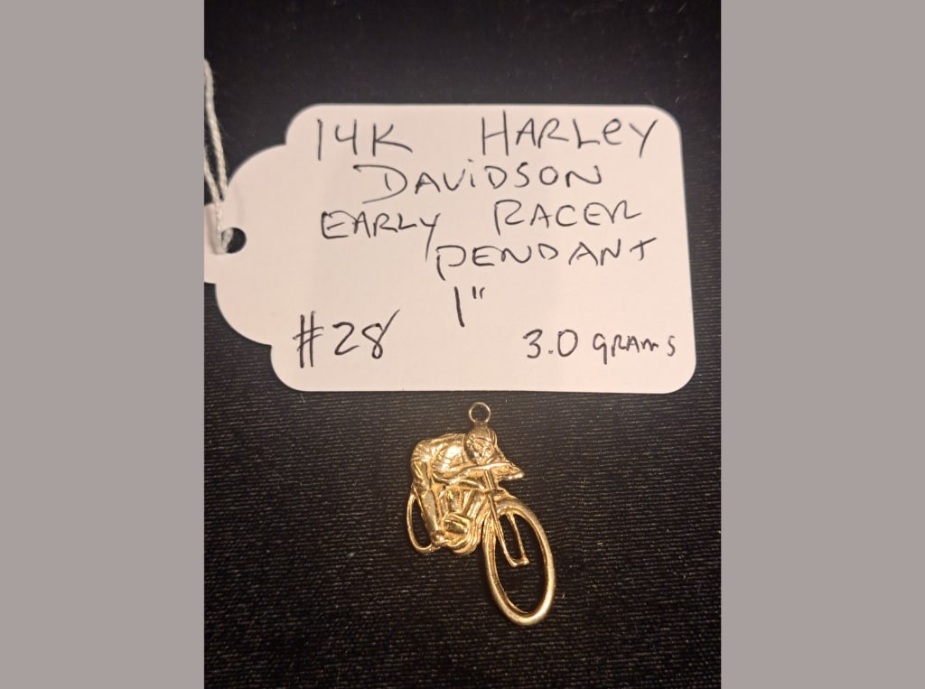 14K Harley Racer Pendant: 14K Harley Davidson "Early Racer" pendant, 1" tAll, 3.0 Grams TW
