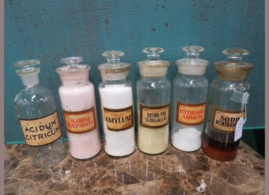 6 Apothecary Glass Labeled Bottles w/ Lids