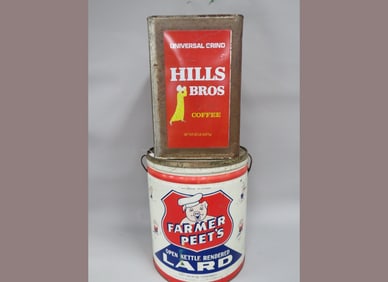 2 Metal Tins Hills Bros Coffee - No Lid / Farmer Pete's Lard