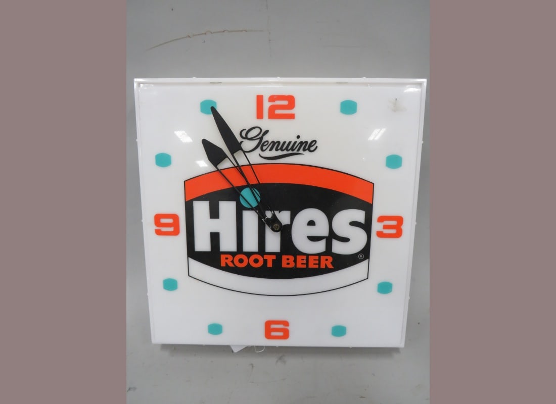 Hires Root Beer Lighted Clock: Neon Products Inc. Plastic Case. . 16" x 16" x 4"