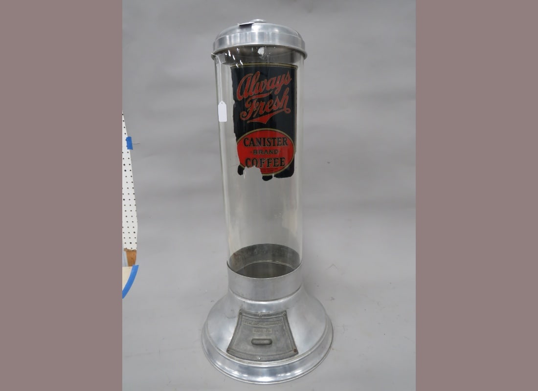 Always Fresh Canister Brand Coffee Display: Sterling Co., Pennsylvania. Glass cylinder with aluminum base. 33" x 15"