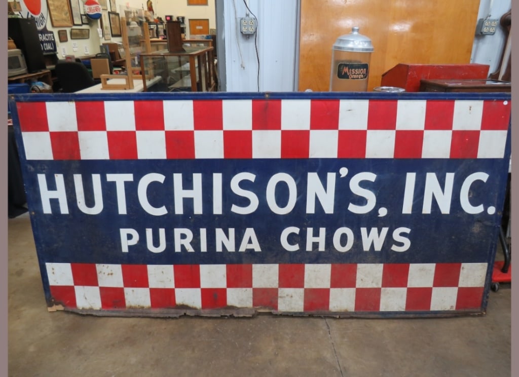 Hutchinson Twine Chow Metal Checkerboard Sign: As found. 94" x 46"