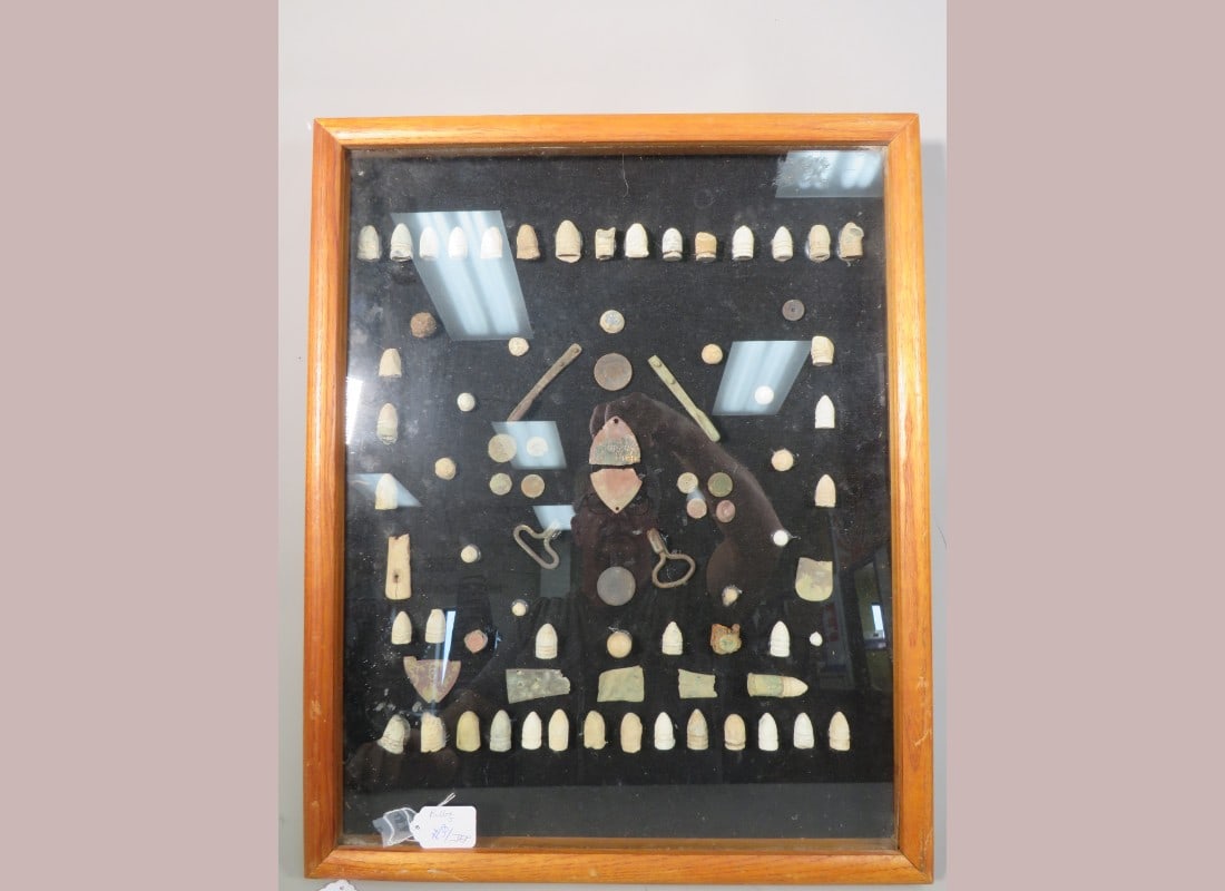 50+ Pc Framed Civil War Display: Includes Bullets, Buckles & Artifacts 21 x 17 x 2