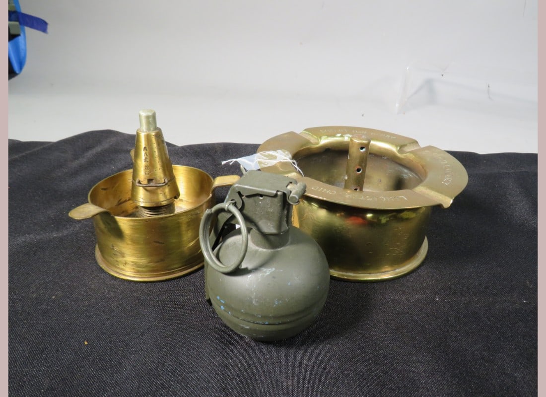 2-Brass Ashtrays & 1-Drilled Gernade: Ashtray - 1943