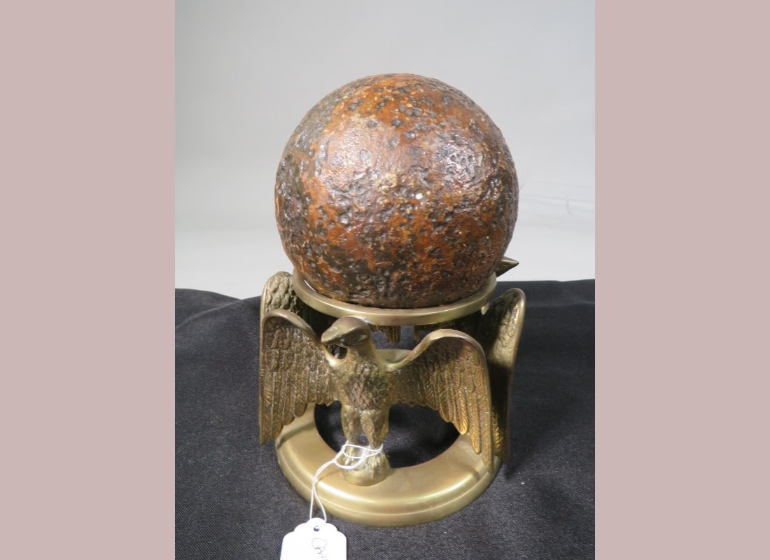 Cannon Ball in Brass Eagle Stand: Good cond.