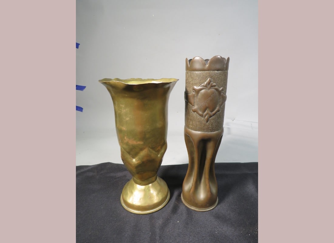 2- Trench Art Shell Casing Vases: Max. 12" H