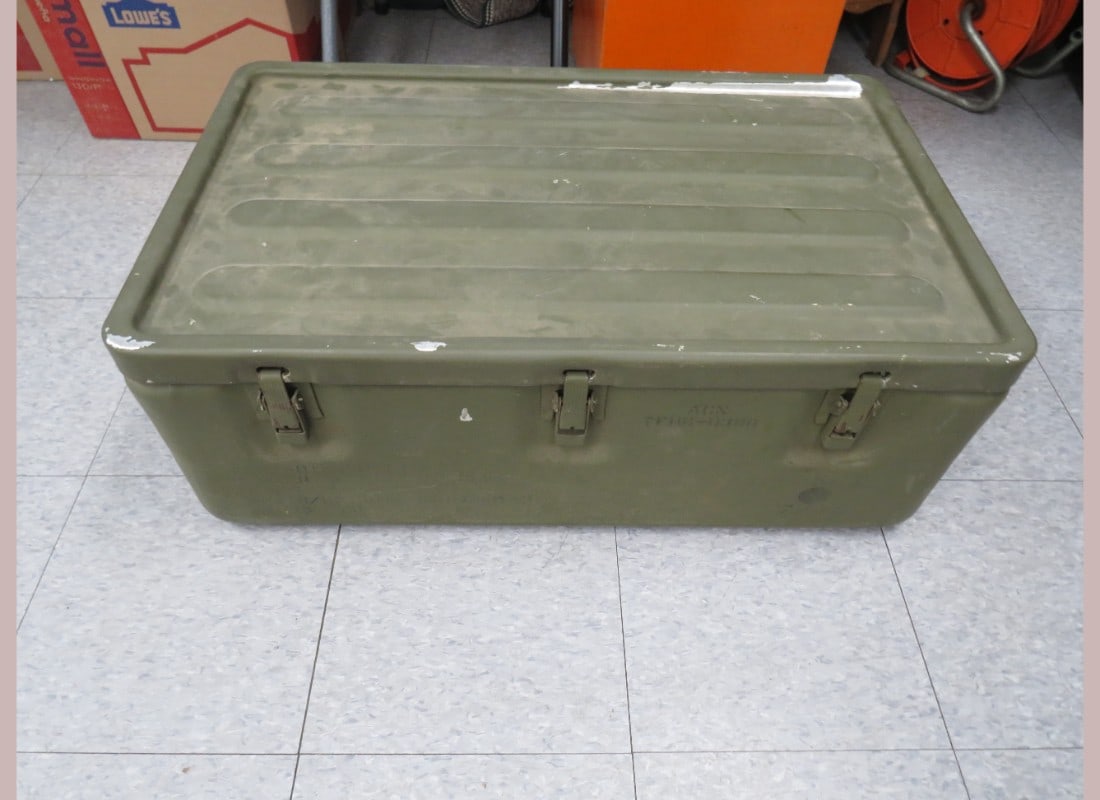 WWII Army Foot Locker: Metal normal wear some flaking 32 x 11 x 19