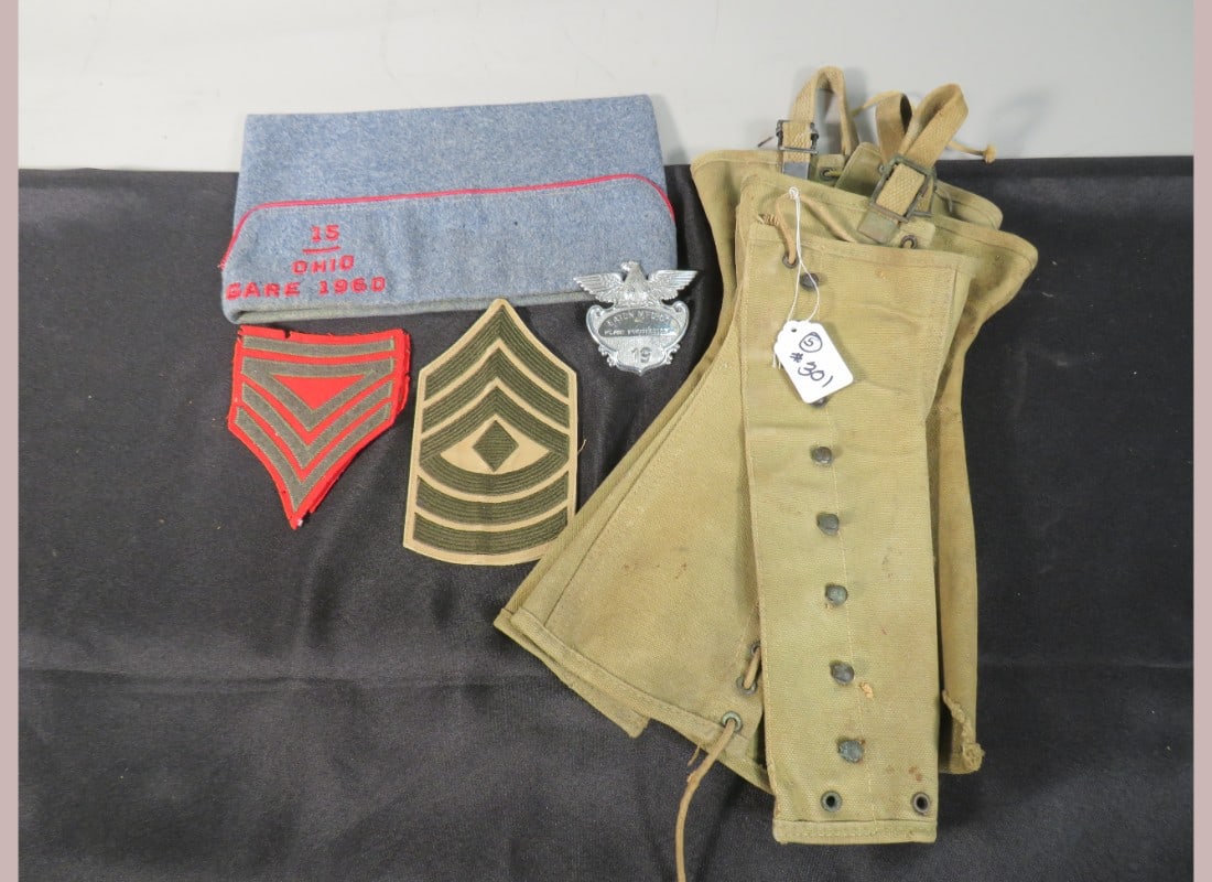 5- Military Items: WWII Ranked leggings/Cap/Plant badge