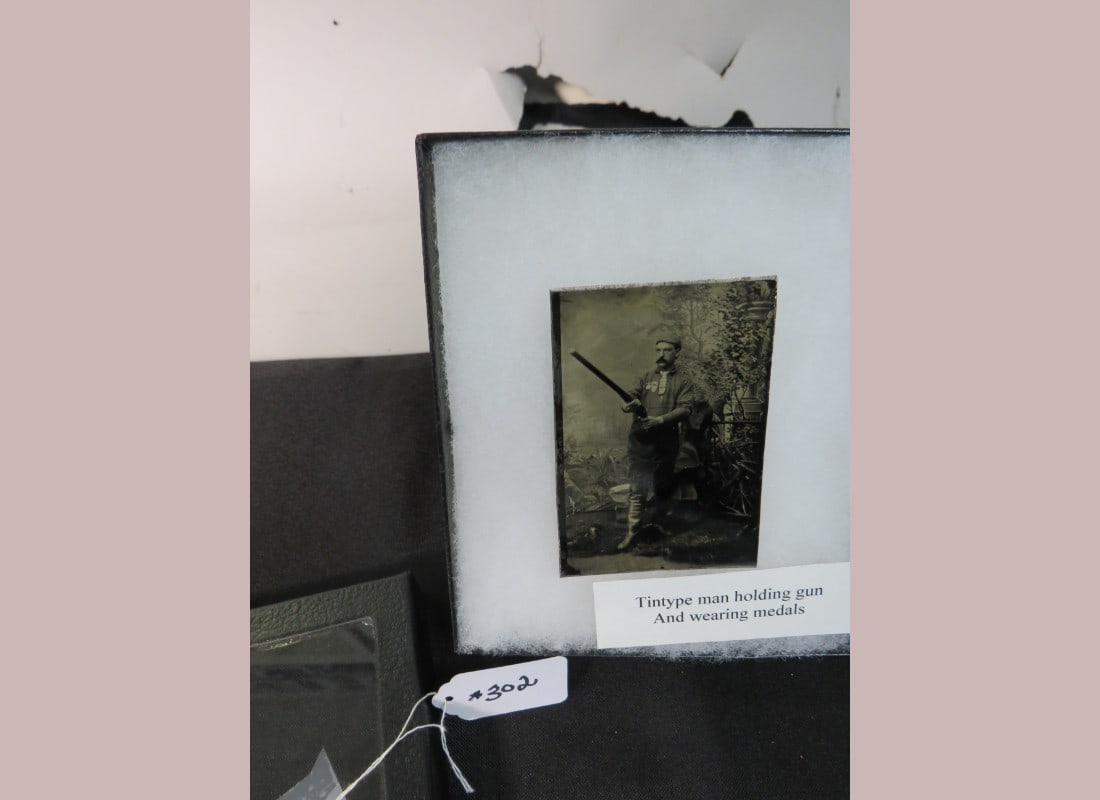 Tin-type - Man Holding Gun & Wearing Medals: Normal wear