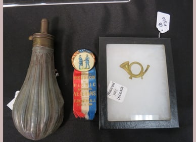 3- Vintage Items - Powder Flask/Medals/Hat insignia