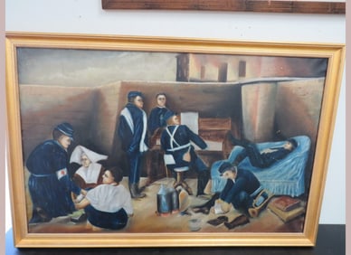 Oil-on-Canvas Wounded Soldier & Others