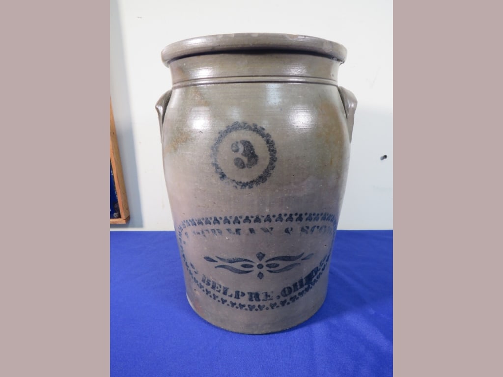 Very RARE 3 gal. Belprie, OH Stoneware Advert. Jar: 13 x 10 Normal wear