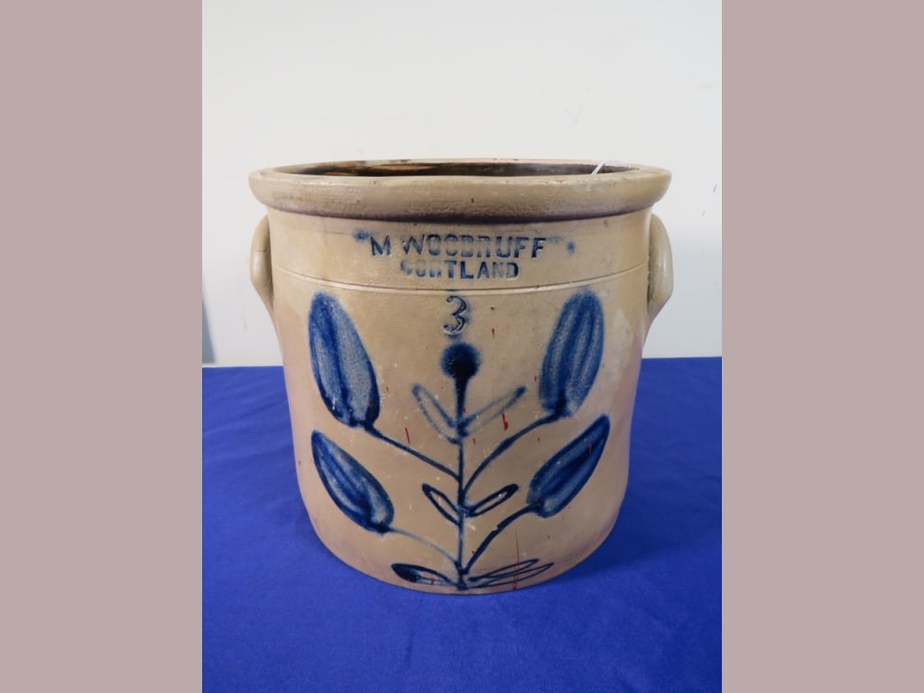 3 gal. M. Woodruff//Cortland N.Y. Stoneware Crock: 10 x 12 Normal wear Good color