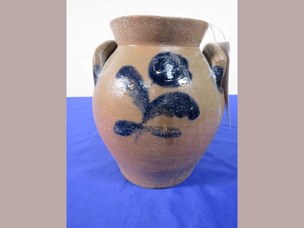 Goodwin and Webster Stoneware Jar: w/ Cobalt Flower both sides 10 x 9 Good color, normal wear & chips