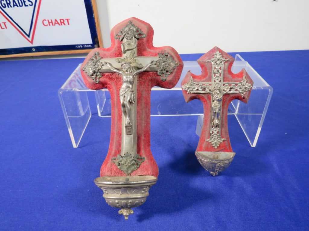 2-French Antique Red Velvet Crucifixes: 7" and 10" w/ Fonts Some wear of velvet