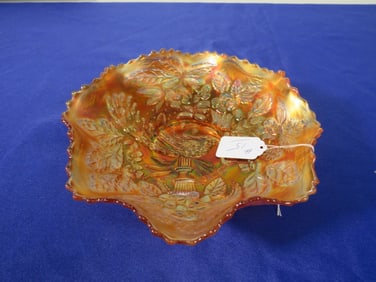 Fenton Peacock & Urn Marigold Carnival Bowl