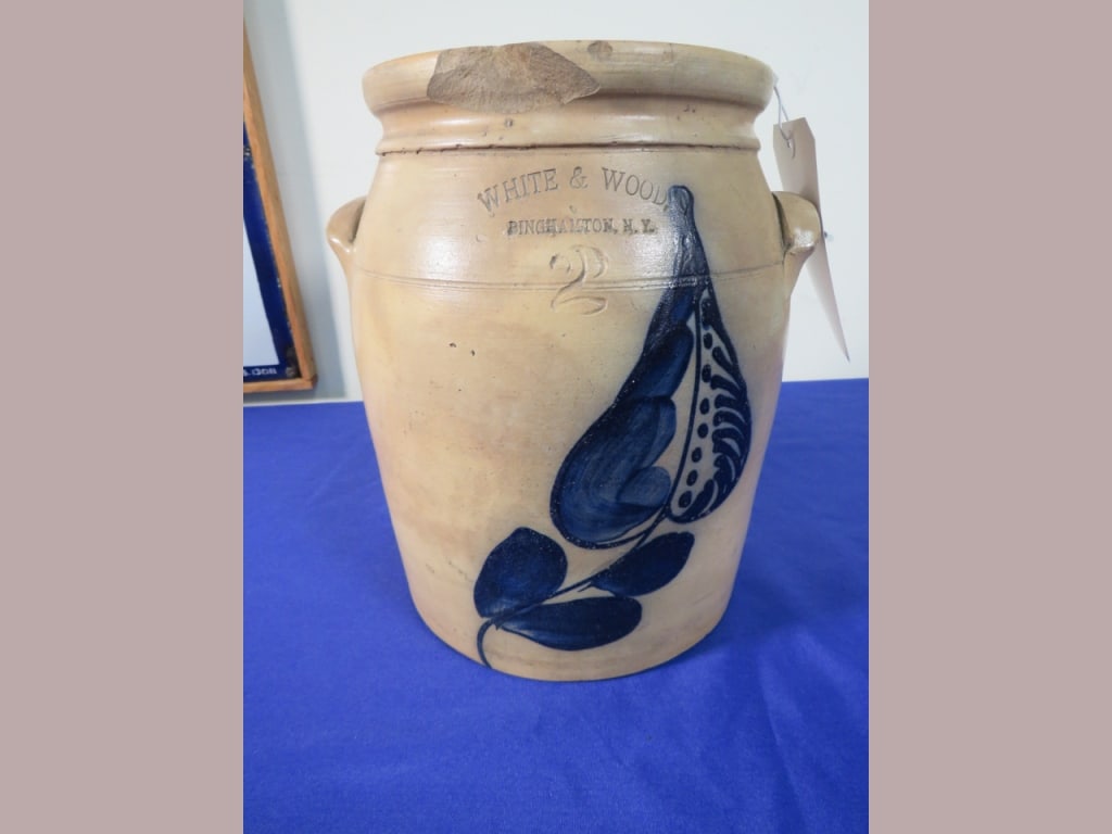 2 gal. White and Wood w/ Cobalt D?cor: Binghamton, NY 12 x 11 2" chunk on rim, good color