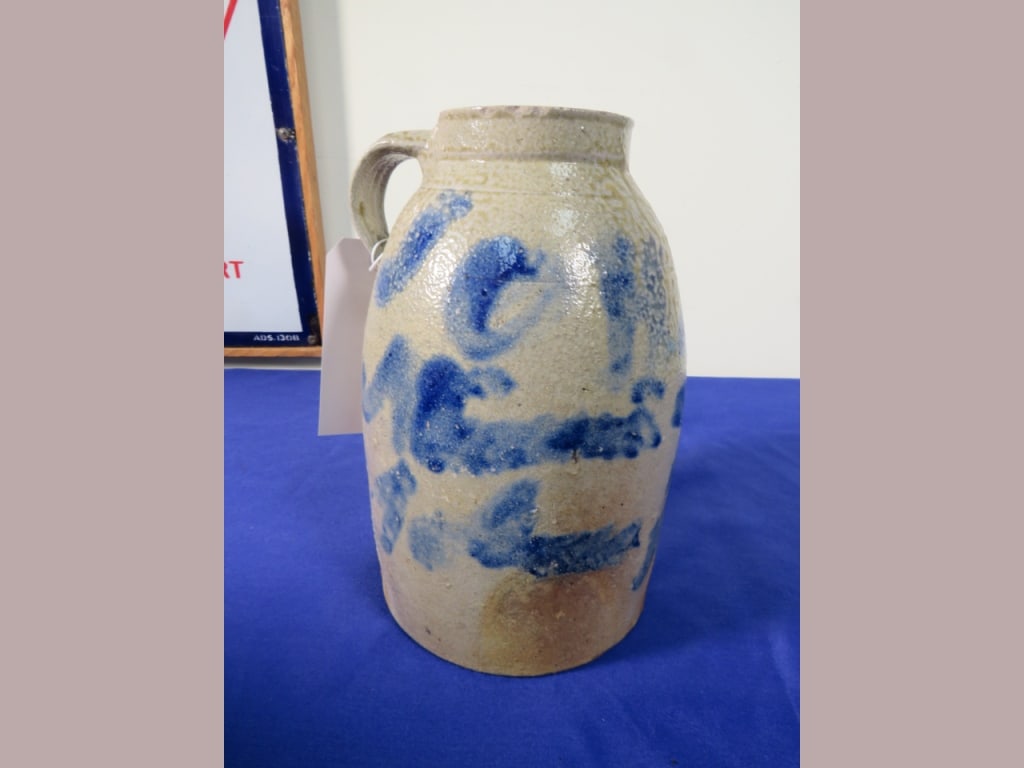 Cobalt decor Ohio Stoneware canning Jar: inscribed "OH" circa 1875 10 x 6 some discoloring, sm. Hairline on at bottom