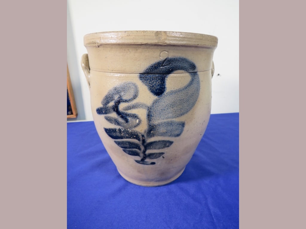 2 gal. Midwest Stoneware Jar: Floral decor, nice color,1/2" chip at rim, hairline cracks at base and back 11 x 11