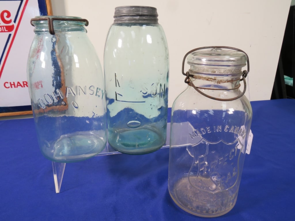 3-Wide mouth Fruit Jars: 1-Mason,1- Cohansey &1- Perfect Seal 10 x 5 1-Zinc lids/2 wire bale closures