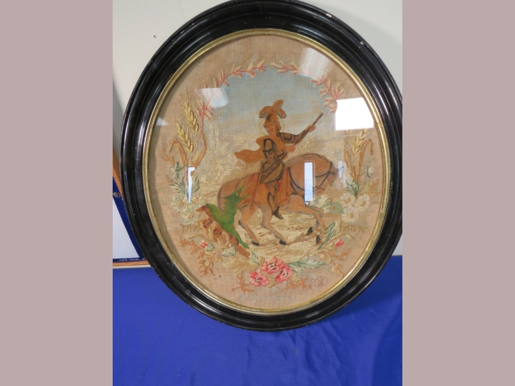 St. George Framed Asian Soldier Needlepoint: Oval 25 x 22 Good color & detail/France