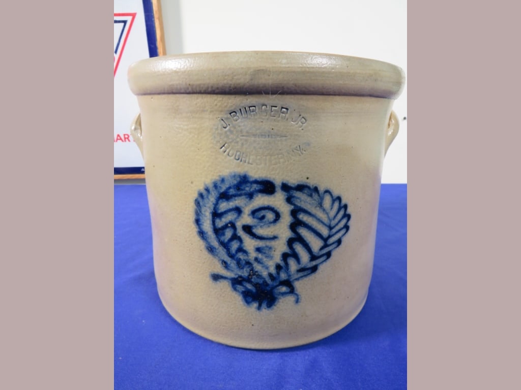 2 gal. J. Burger Jr. Stoneware Crock: Rochester, NY, cobalt wreath
