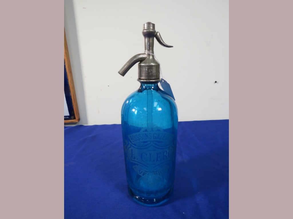 French L.Clerc Seltzer Bottle: Blue Glass 12 x 3