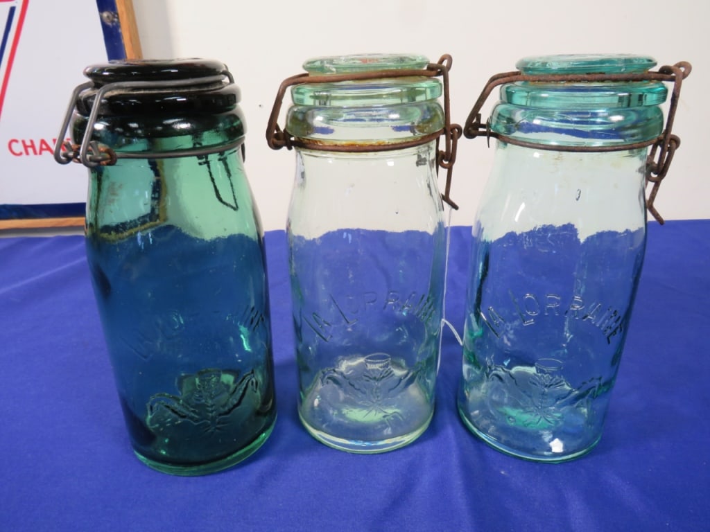 3-French Early 1900's Farmhouse Canning Jars: Aqua - w/ Glass Lids 9" La Lorraine