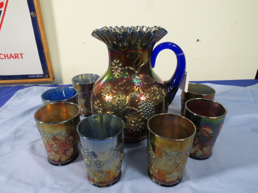 Fenton Carnival Blue Floral & Grape Water Set (1 of 8)