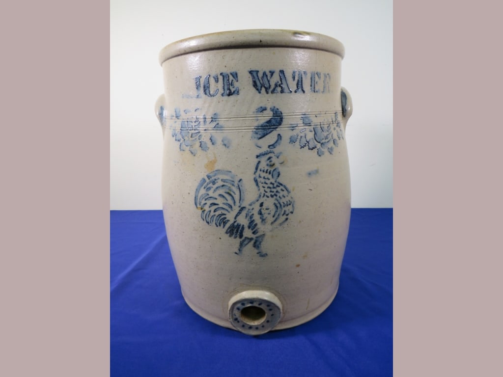 8 gal. Ohio Ice Water Cooler: w/ stenciled Rooster Motif