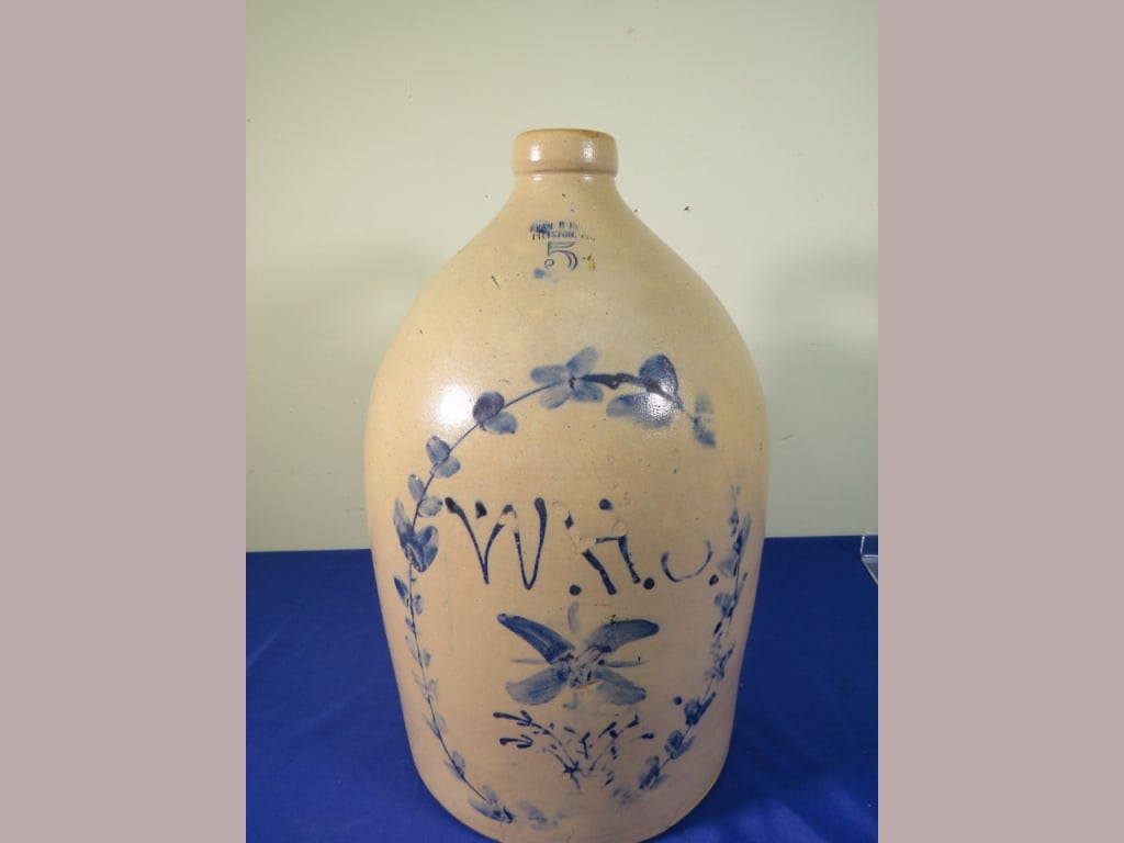 Unusual 5 gal. Evan R. Jones Stoneware Jug: Inscribed "WHS" Pittston, PA