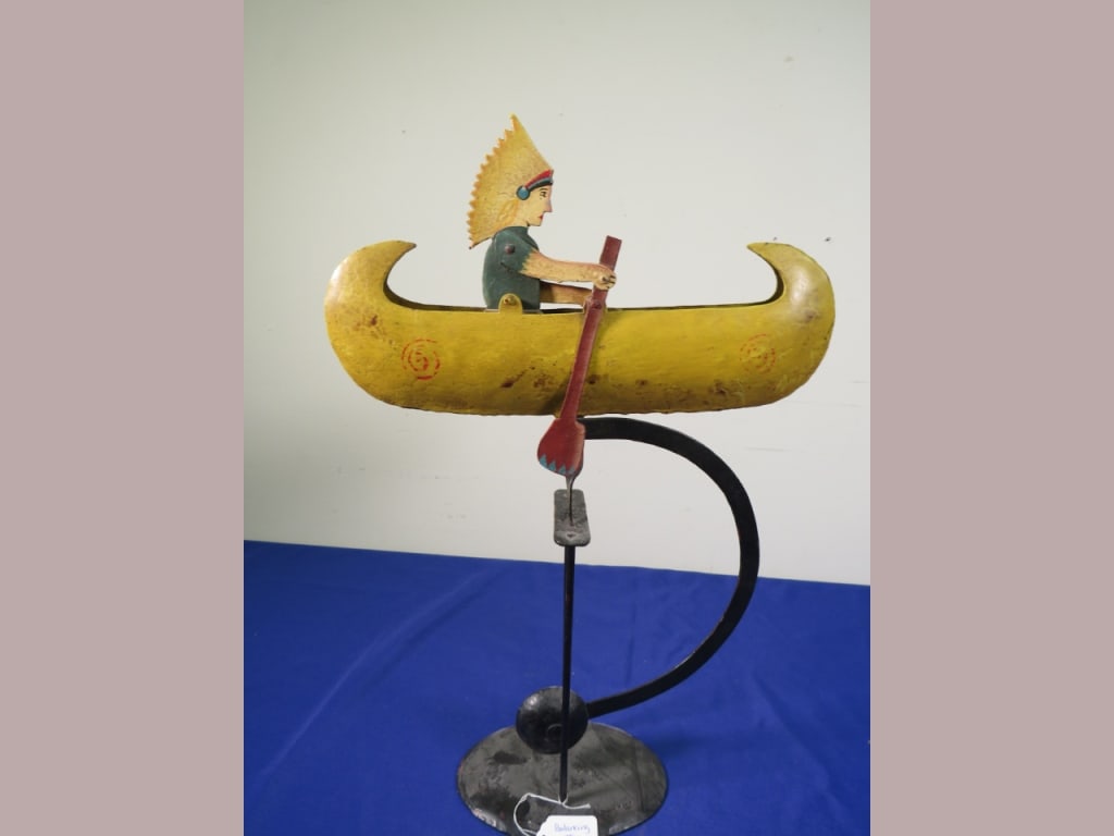 Skyhook Balancing Toy: Indian in Canoe, Good color some fading 19 x 14