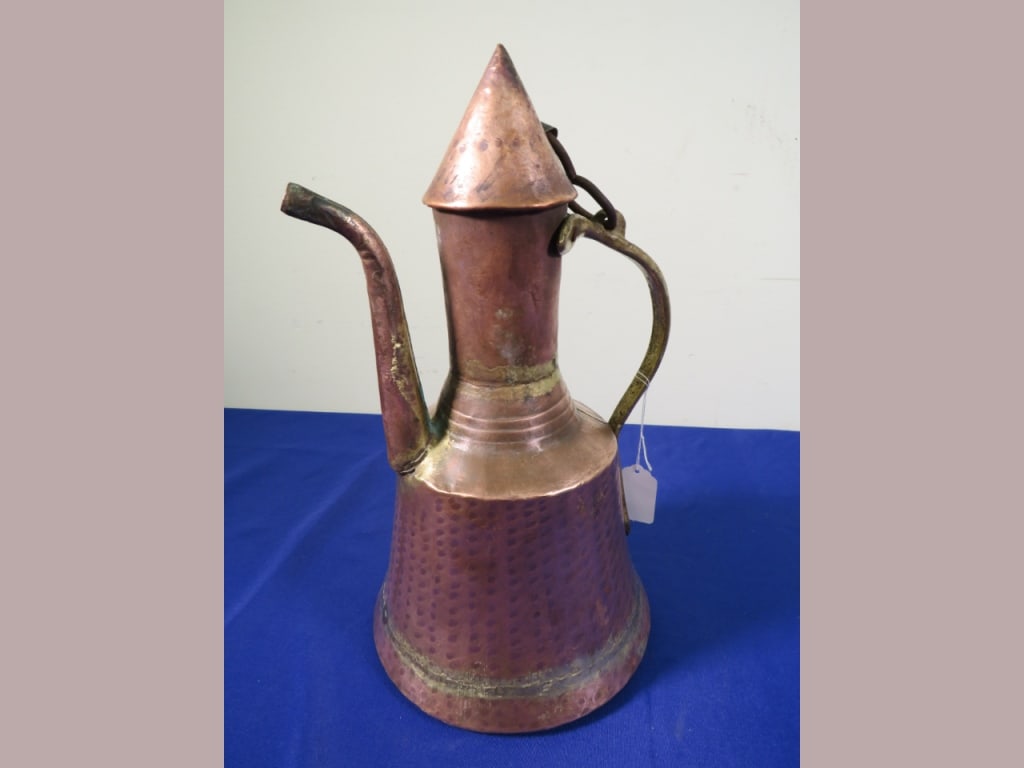 French 19th Century Copper Pitcher w/ Brass Handle: Hand-hammered, Turkish 14 x 8