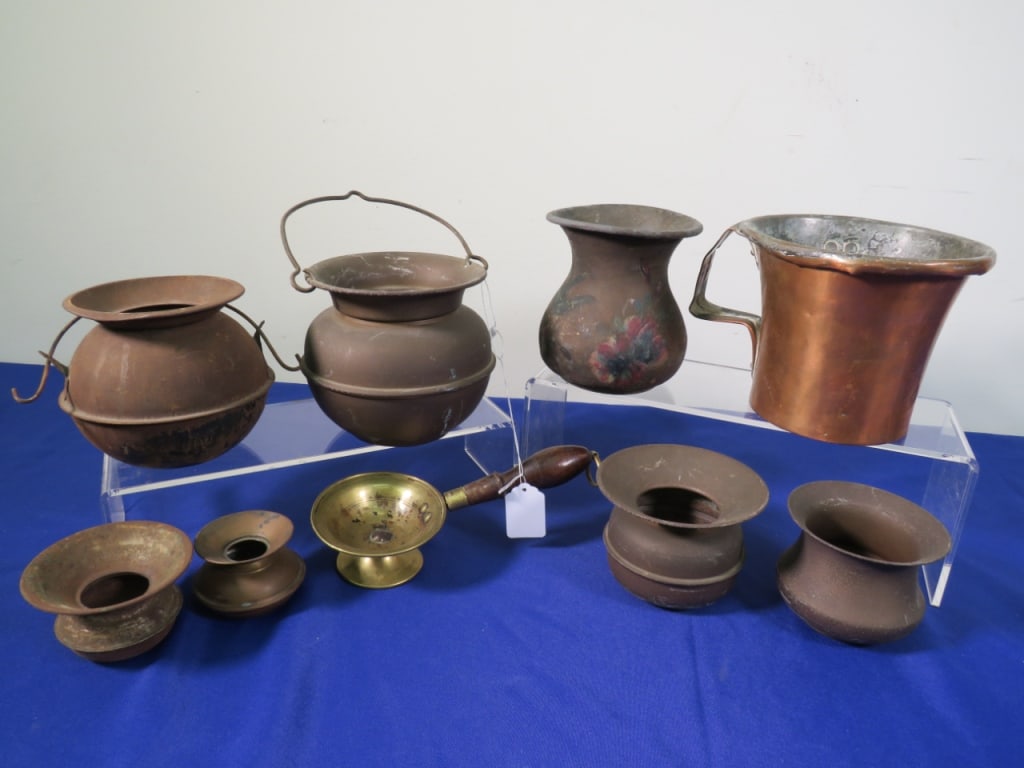 Group of 9 Miniature Copper/Brass Items: Spittoon, Burner, Lg Cup, and more