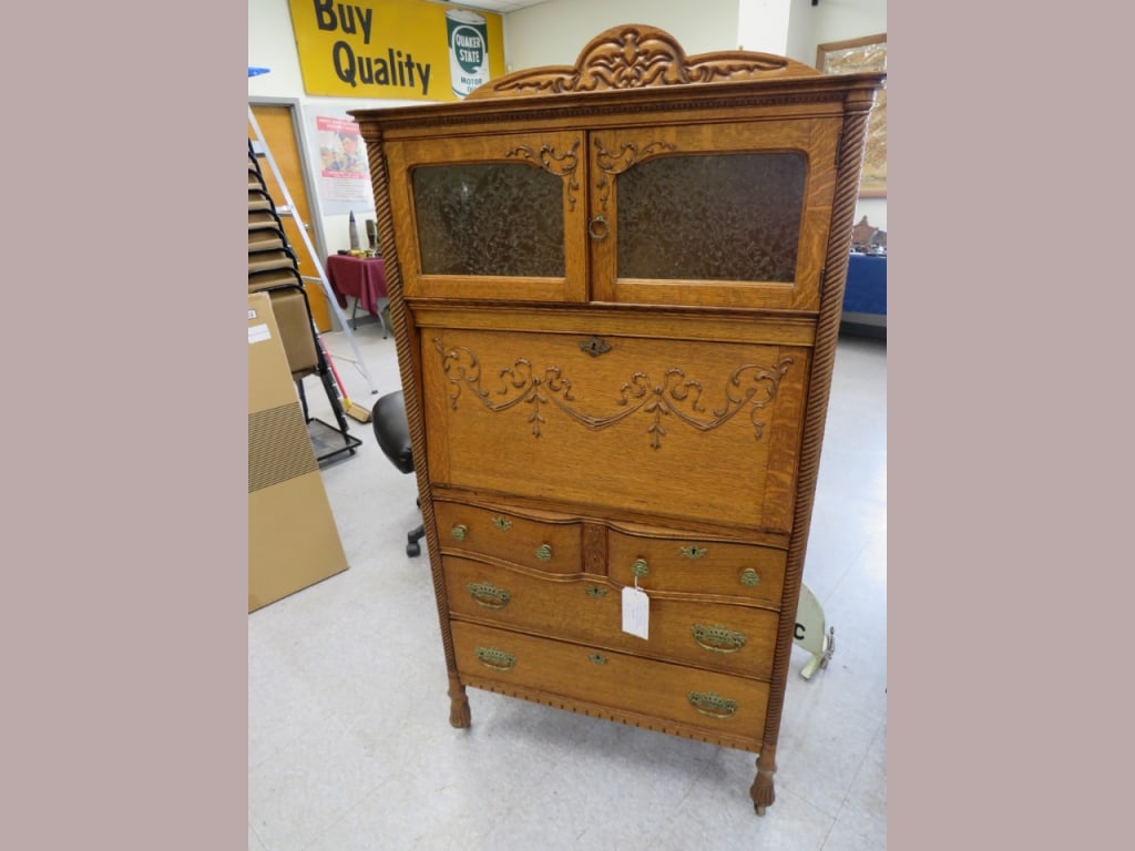 Oak Secretary Bookcase: Highly-carved, Etched glass doors, 4 drawers, desk insert w/ drawer 66 x 34 x 14