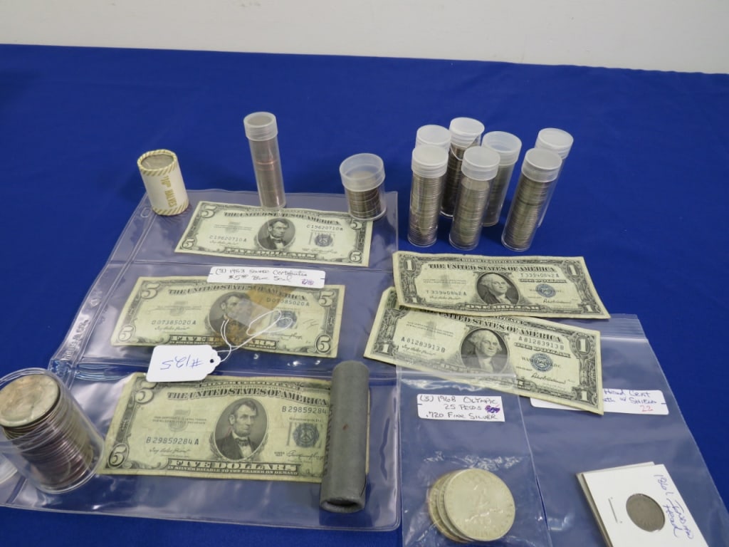 Misc Coins/Currency Items-3 Olympic Peso .720 Fine Silver: $5 notes, Rolled Nickels & Kennedy Halves $69 Face Value/3 Silver Coins/2 Indian Head coins