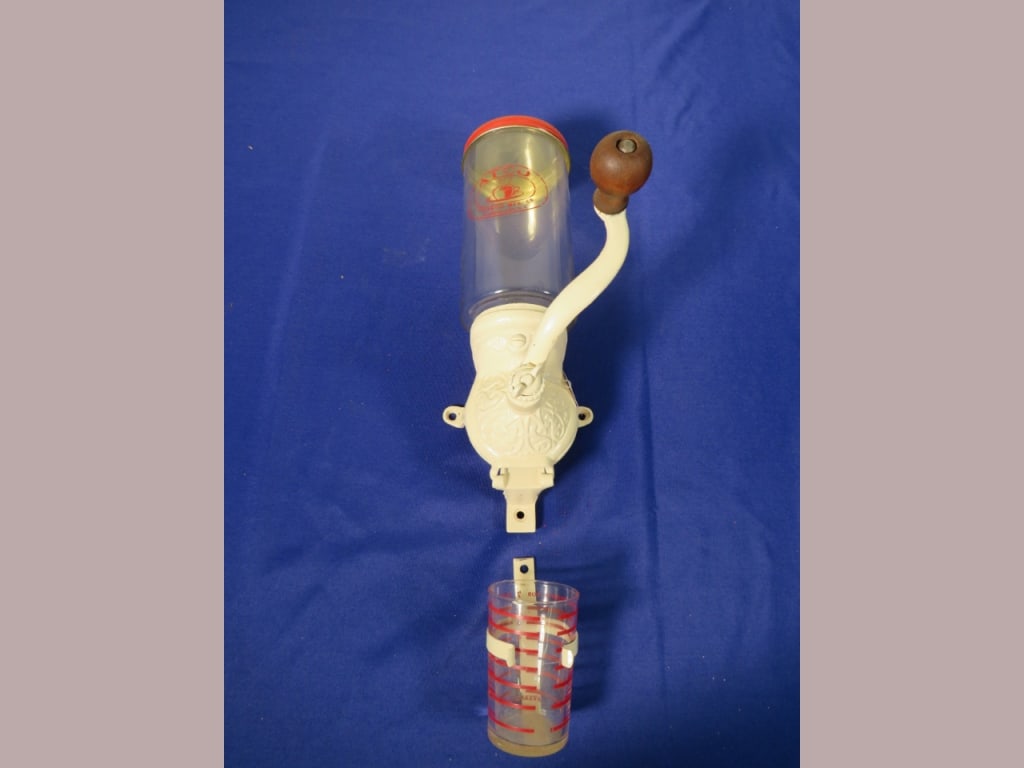 Atco Wall-mount Coffee Grinder: w/ orig. glass, iron base