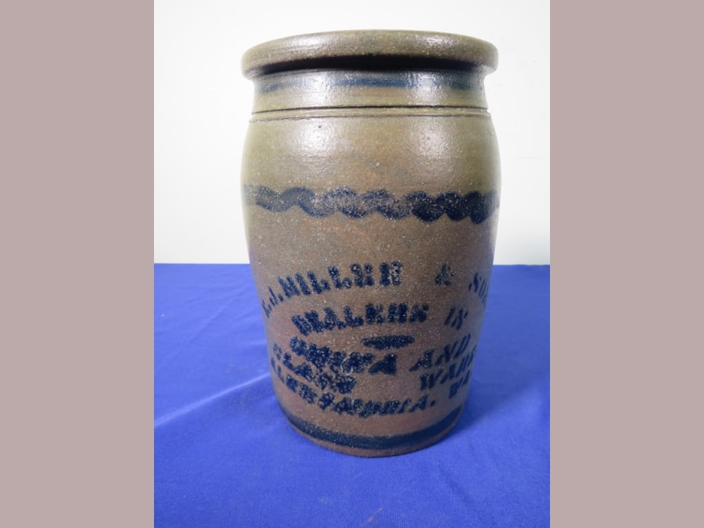 E.J. Miller Stenciled Stoneware Advert. Jar: Alexandra, VA