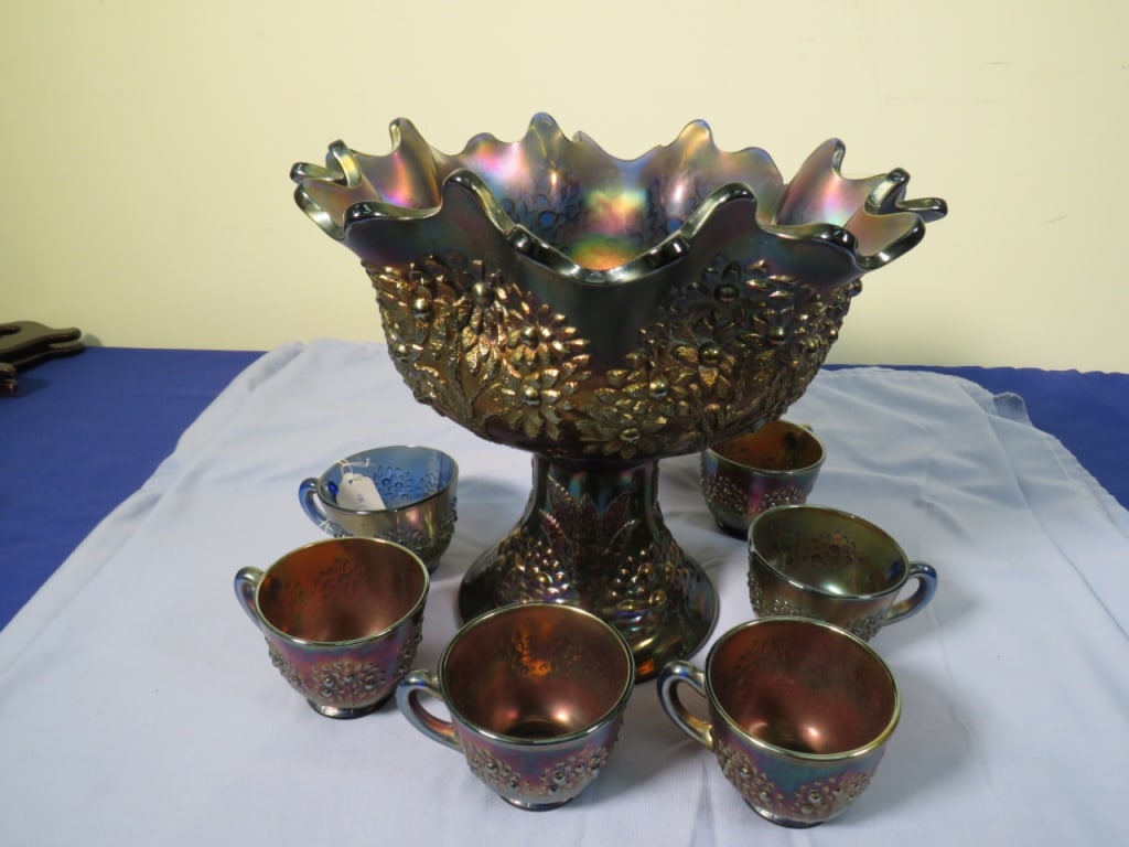 Fenton Carnival Blue Orange Tree Punch Bowl Set: no chips or cracks